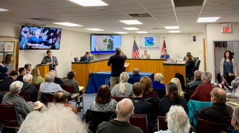 In this March file photo, Beavercreek residents pack a city planning commission meeting, most of them opposed to a proposed RaceTrac gas station along Factory Road and U.S. 35. FILE
