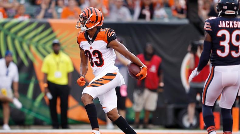 CINCINNATI, OH - AUGUST 09: Tyler Boyd #83 of the Cincinnati Bengals reacts after a three-yard touchdown reception against the Chicago Bears in the first quarter of a preseason game at Paul Brown Stadium on August 9, 2018 in Cincinnati, Ohio. (Photo by Joe Robbins/Getty Images)