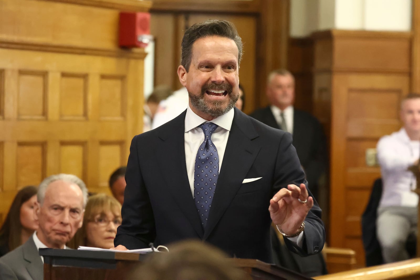 Attorney Alan Jackson gives his opening statement at Karen Read's second murder trial at Norfolk Superior Court on Tuesday, April 22, 2025 in Dedham, Mass. (Stuart Cahill /The Boston Herald via AP, Pool)