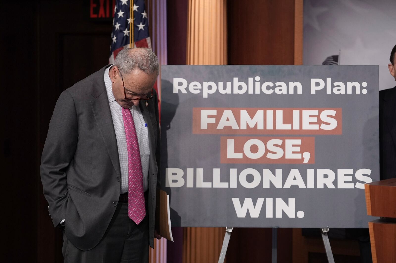 Senate Minority Leader Chuck Schumer, D-N.Y., attends a news conference discussing the Republican-backed budget plan at the Capitol, in Washington, Thursday, April 3, 2025. (AP Photo/J. Scott Applewhite)