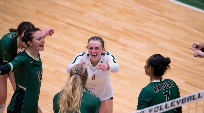 Wright State volleyball players celebrate a winning point against Ball State earlier this season. Joseph Craven/Wright State Athletics