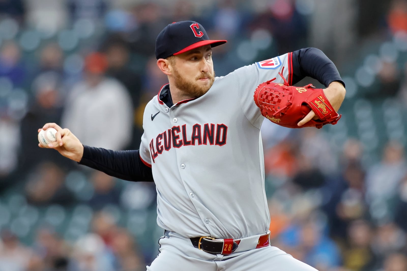 Cleveland Guardians' Tanner Bibee pitches against the Detroit Tigers during the second inning of a baseball game Thursday, May 22, 2025, in Detroit. (AP Photo/Duane Burleson)