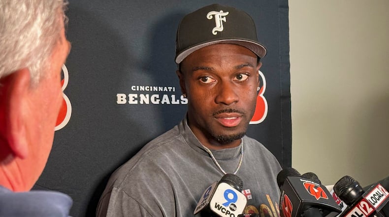 Former Bengals wide receiver A.J. Green spoke with reporters during the Bengals Draft Party on Thursday, April 24, 2025 at Paycor Stadium. LAUREL PFAHLER/CONTRIBUTED PHOTO