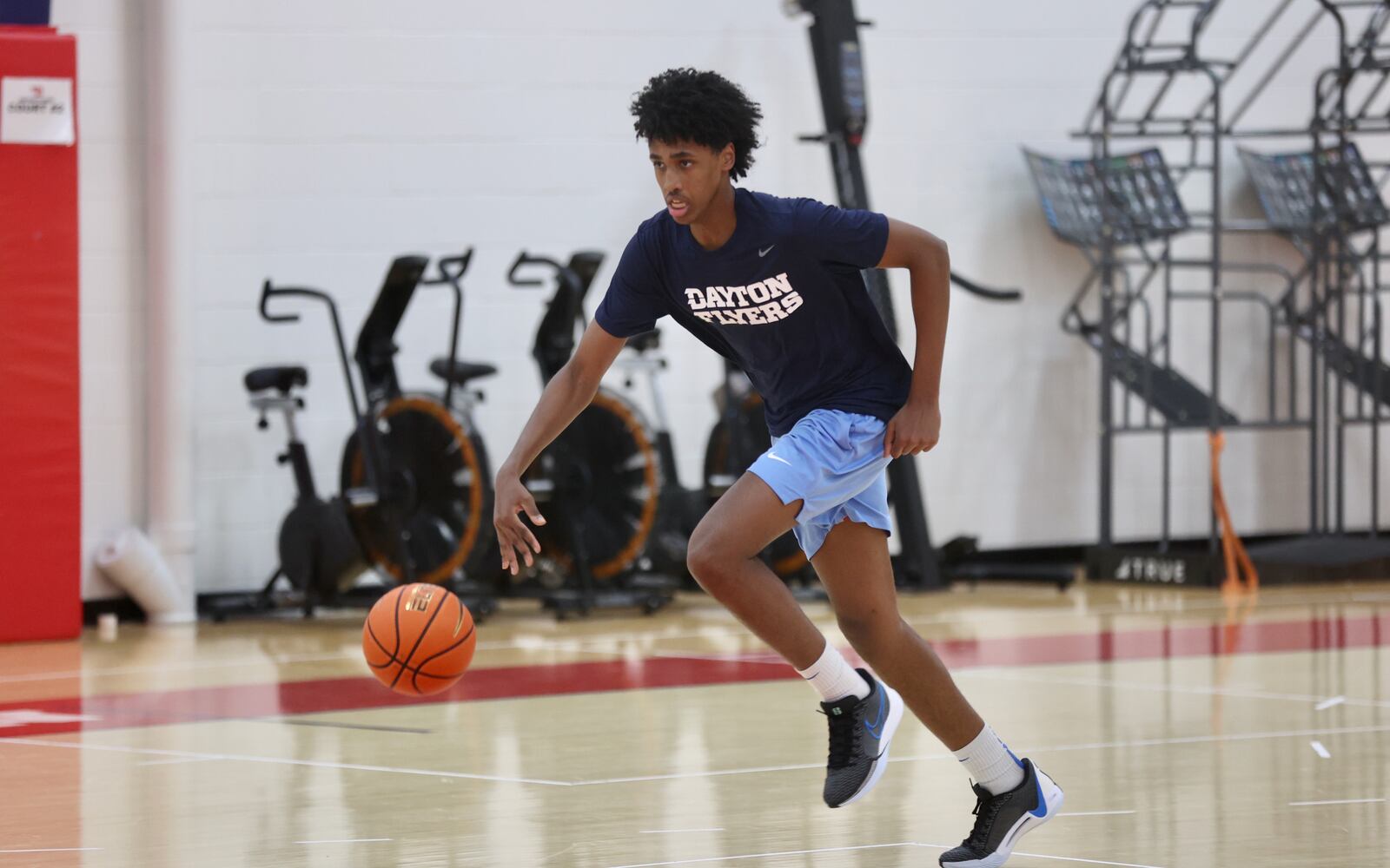 Dayton's Hamad Mousa dribbles during a summer practice on Monday, July 22, 2024, at the Cronin Center. David Jablonski/Staff