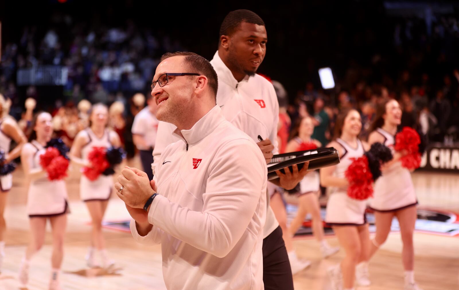 Dayton's Andy Farrell celebrates after a victory against Fordham in the semifinals of the Atlantic 10 Conference tournament on Saturday, March 11, 2023, at the Barclays Center in Brooklyn, N.Y. David Jablonski/Staff
