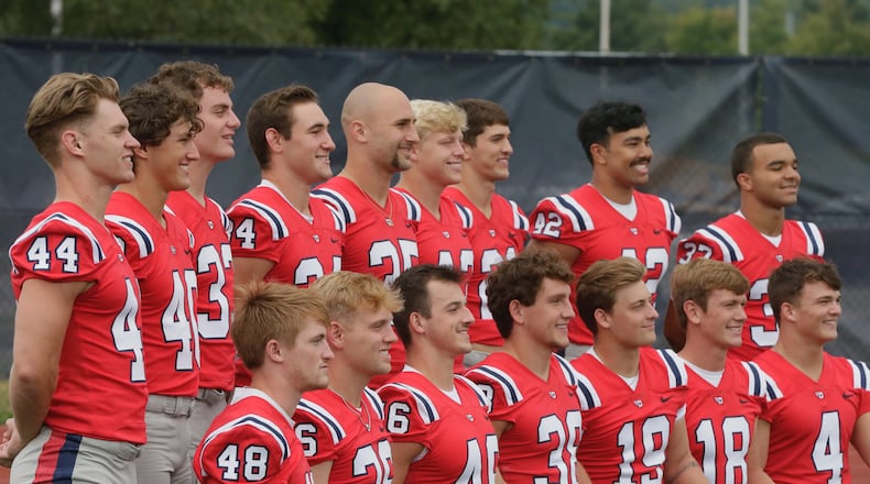Dayton players pose for a photo during team photo day on Sunday, Aug. 21, 2022, at the Jerry Von Mohr Practice Field. David Jablonski/Staff