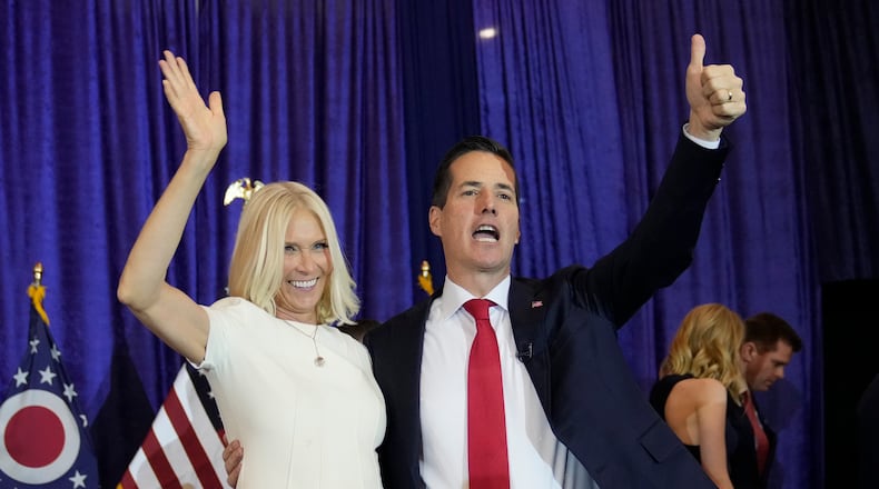 Ohio Republican Senate candidate Bernie Moreno during a watch party on election night, Tuesday, Nov. 5, 2024, in Westlake, Ohio, with his wife Bridget. (AP Photo/Sue Ogrocki)