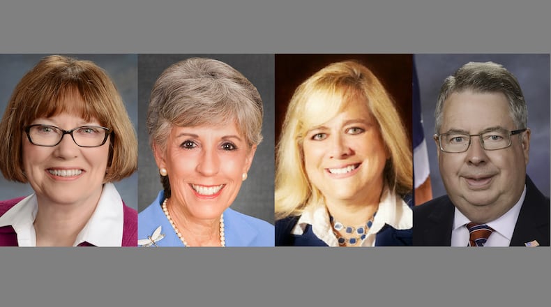 Two Montgomery County Commission seats are contested. Montgomery County Commissioner Judy Dodge, left, a Democrat running for re-election, faces Republican Arlene Setzer, second from left, a former state representative and past mayor of Vandalia. Montgomery County Commissioner Debbie Lieberman, third from left, a Democrat running for re-election, faces Republican Bob Matthews, right, a former Miami Twp. trustee and information technology project manager. SUBMITTED