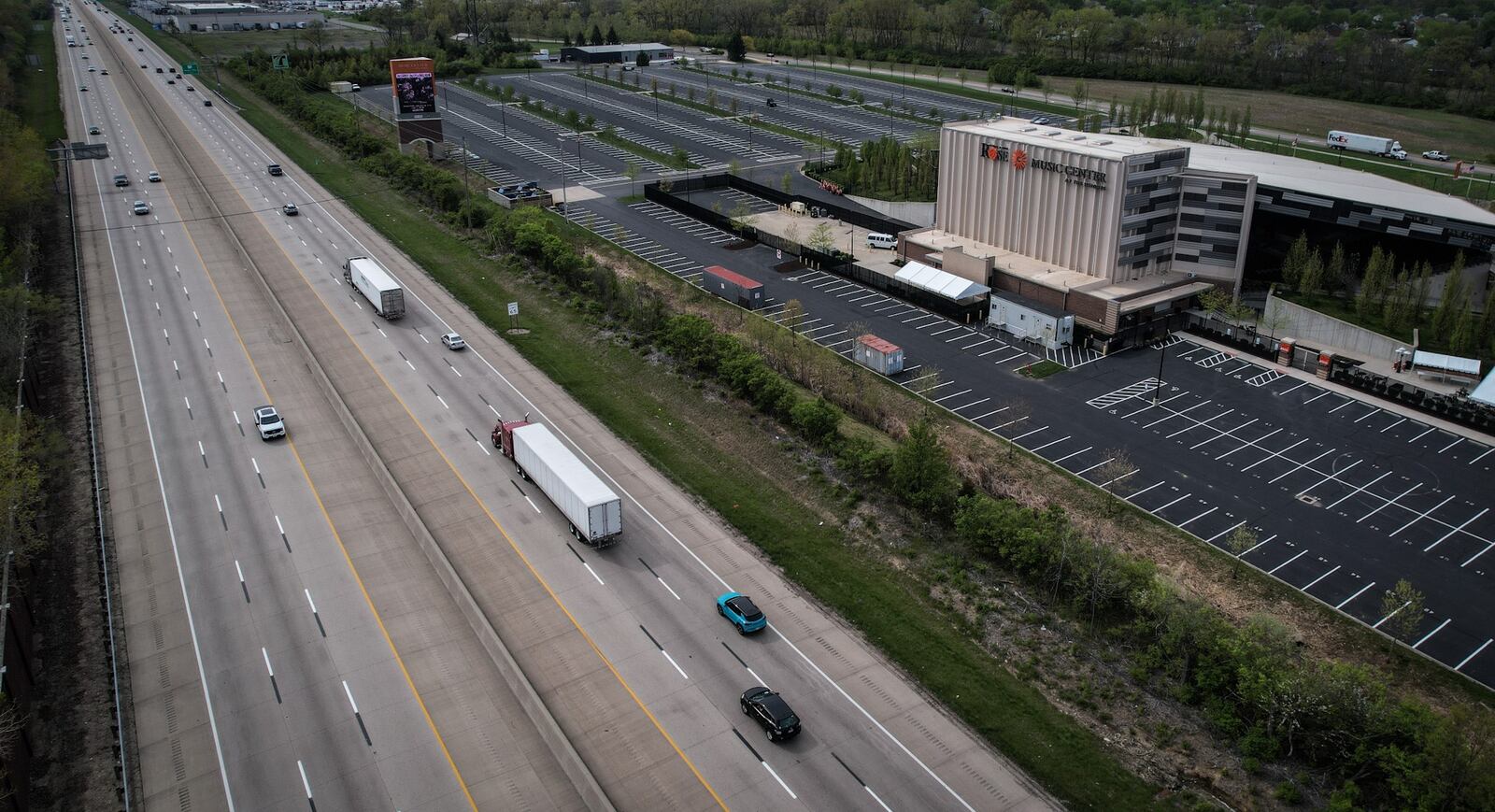 An aerial photo of The Rose Music Center in Huber Heights in April 2023. Interstate 70 is on the left. JIM NOELKER/STAFF