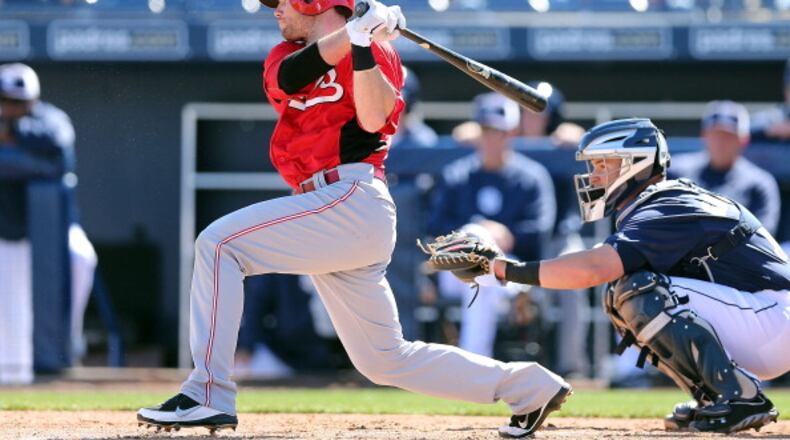 PEORIA, AZ - FEBRUARY 26: Devin Mesoraco #39 of the Cincinnati Reds bats against the San Diego Padres during the spring training game at Peoria Stadium on February 26, 2013 in Peoria, Arizona. (Photo by Christian Petersen/Getty Images)