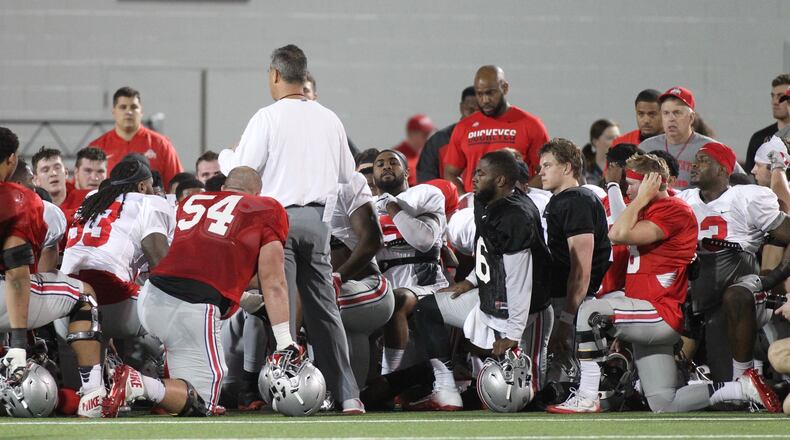 Ohio State’s Urban Meyer talks to the team during a practice at the Woody Hayes Athletic Center on Tuesday, March 21, 2017, in Columbus. David Jablonski/Staff