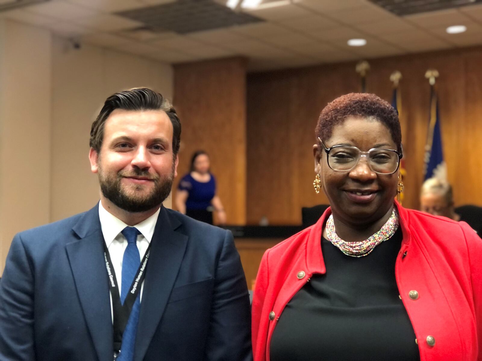 Dayton Human Relations Council staff Jacob Davis and Joann Mawasha at a city commission meeting this month. Davis is the senior civil rights investigator, while Mawasha is the assistant executive director. CORNELIUS FROLIK / STAFF