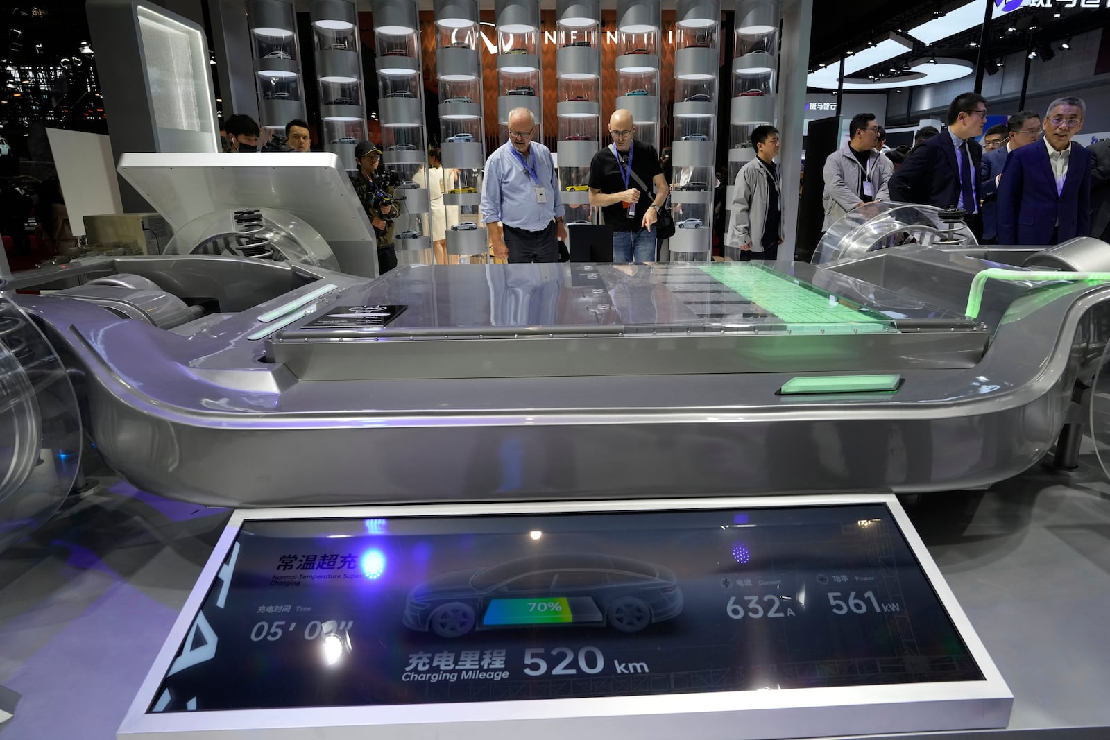 Visitors look at the fast charging battery from CATL that promises 520km from 5 minutes of charging at the Shanghai auto show on Wednesday, April 23, 2025. (AP Photo/Ng Han Guan)