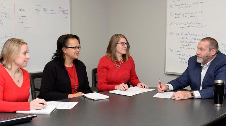 Members of the 88th Air Base Wing Strategic Initiatives Office (left to right) Anne Cybenko, research psychologist; Gayle Ingram, deputy director; Andrea Brooks, program manager; and Dave Perkins director, discuss options for more workspace at Wright-Patterson Air Force Base, Nov. 20, 2019. The team is working to establish more space for the expanding workforce at the base. (U.S. Air Force photo/Ty Greenlees)