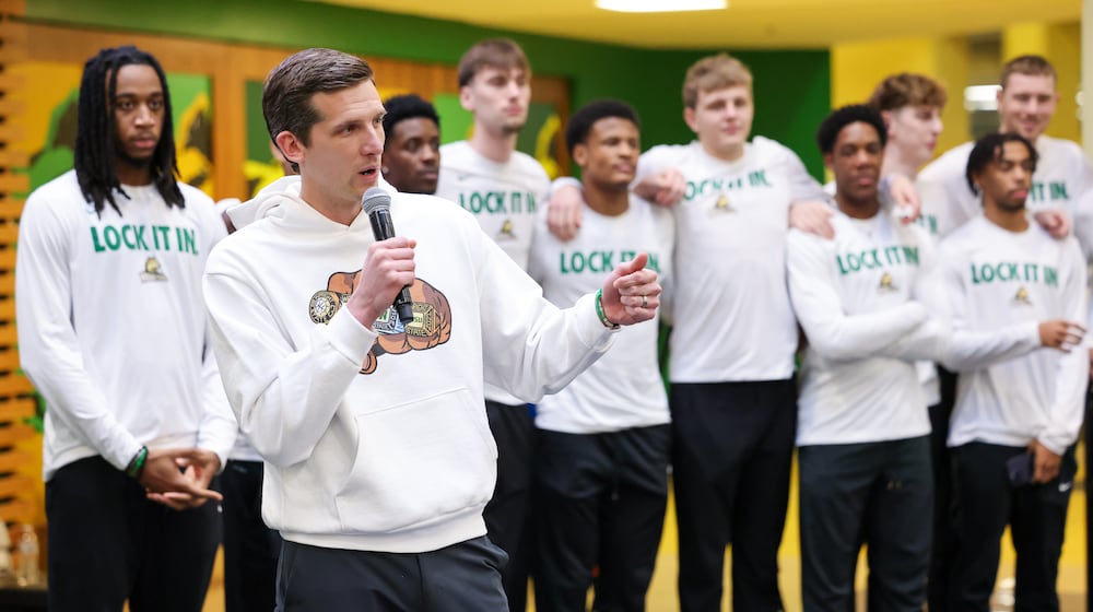 Wright State coach Clint Sargent talks after the university's NCAA tournament seed and opponent were announced during a Selection Sunday watch party on Sunday, March 15 at the university's Student Union in Fairborn. BRYANT BILLING / STAFF