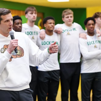 Wright State coach Clint Sargent talks after the university's NCAA tournament seed and opponent were announced during a Selection Sunday watch party on Sunday, March 15 at the university's Student Union in Fairborn. BRYANT BILLING / STAFF