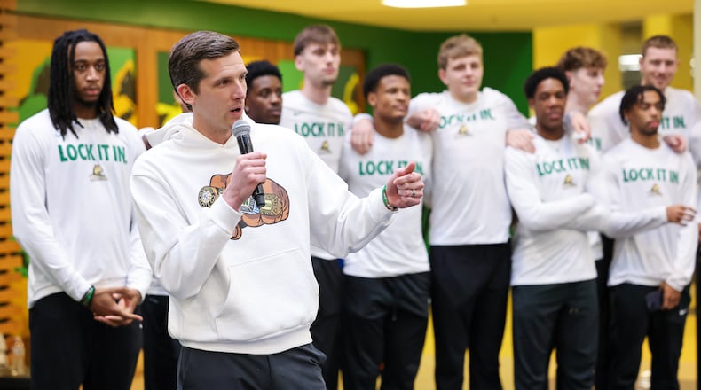 Wright State coach Clint Sargent talks after the university's NCAA tournament seed and opponent were announced during a Selection Sunday watch party on Sunday, March 15 at the university's Student Union in Fairborn. BRYANT BILLING / STAFF