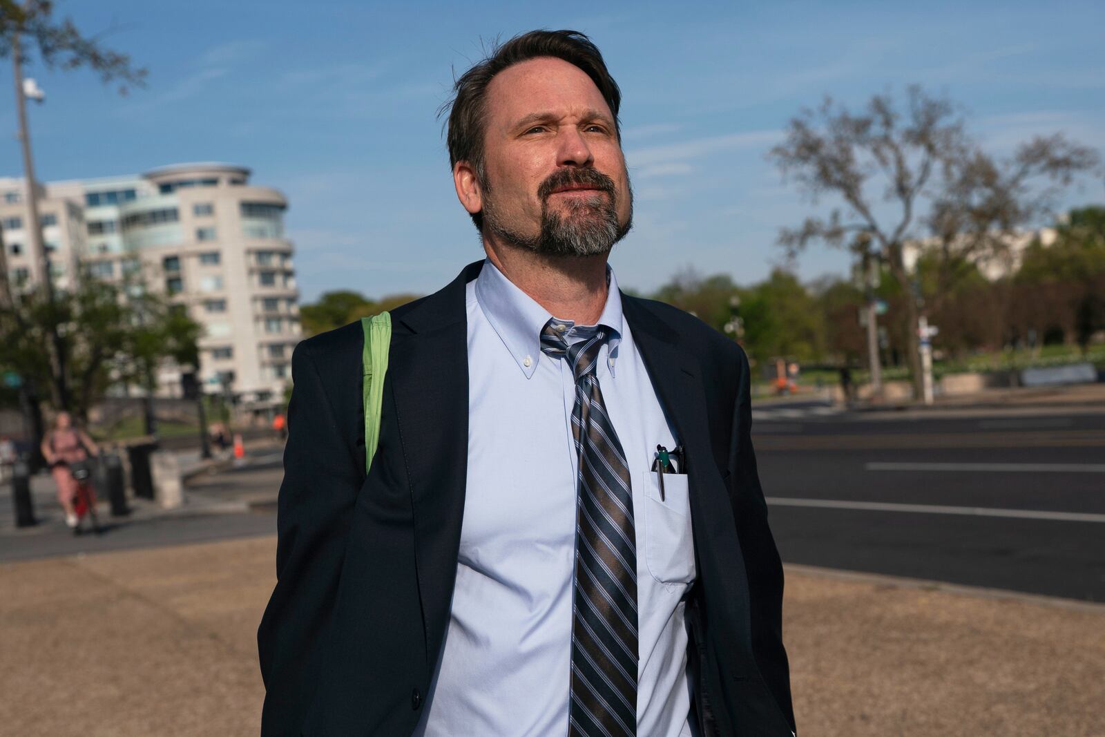 Daniel Matheson, a lawyer for the Federal Trade Commission, departs following the first day of a historic antitrust trial about Meta CEO Mark Zuckerberg's intentions in acquiring Instagram, at Barrett Prettyman United States Court House in Washington, Monday, April 14, 2025. (AP Photo/Nathan Howard)