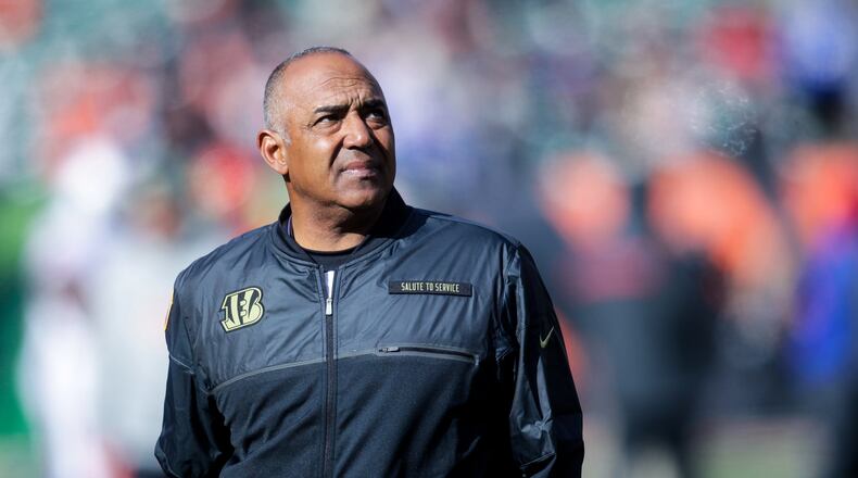Cincinnati Bengals Head Coach Marvin Lewis looks up to the stands during their 16-12 loss to the Buffalo Bills Sunday, Nov. 20 at Paul Brown Stadium in Cincinnati. NICK GRAHAM/STAFF