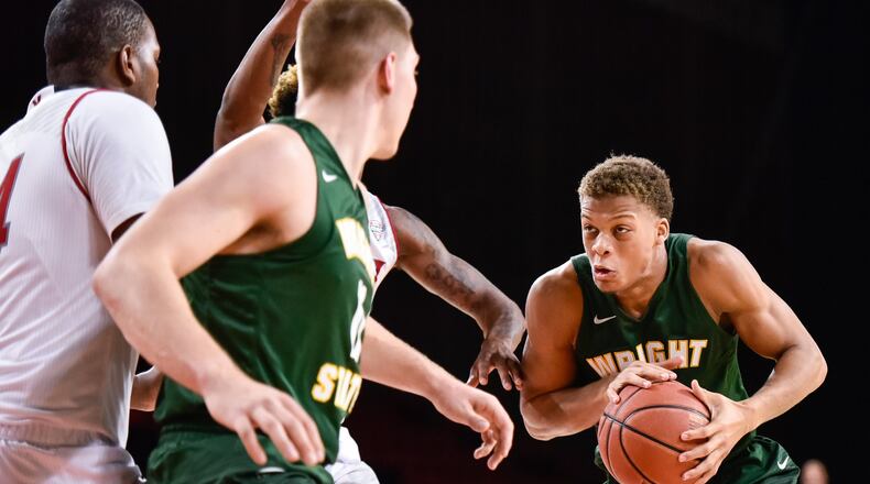 Wright State’s Everett Winchester drives to the hoop earlier this season at Miami. NICK GRAHAM/STAFF