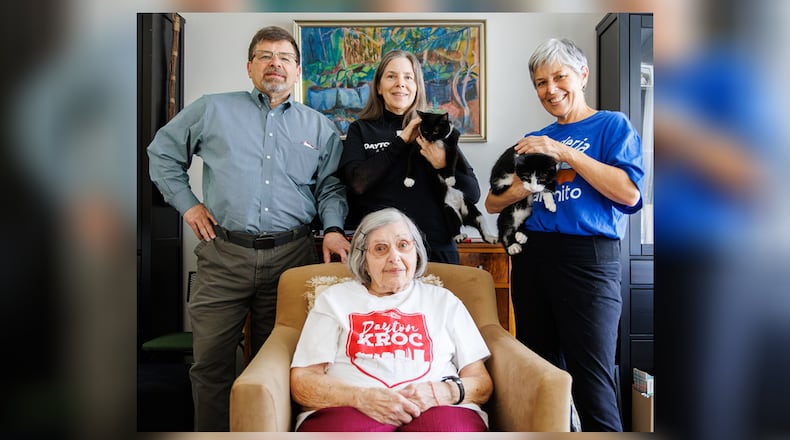 Fran Hollister (bottom) poses with her children on April 18 in her Riverside home. Left to right: Craig, Lisa, Carrie.
BRYANT BILLING / STAFF