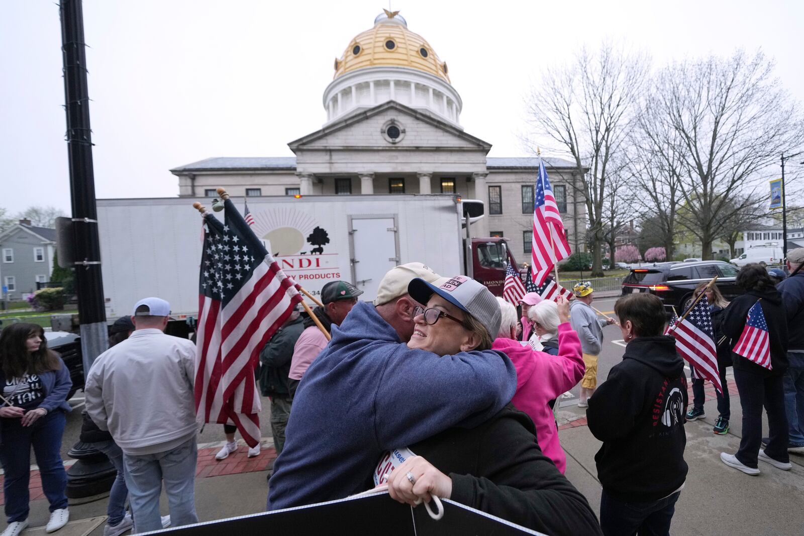 Supporters of Karen Read gather outside Norfolk Superior Court prior to Read's trial, Tuesday, April 22, 2025, in Dedham, Mass. (AP Photo/Charles Krupa)