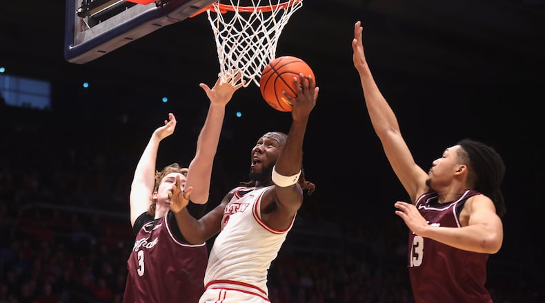 Dayton's Jaiun Simon shoots against Fordham on Wednesday, Dec. 31, 2025, at UD Arena. David Jablonski/Staff