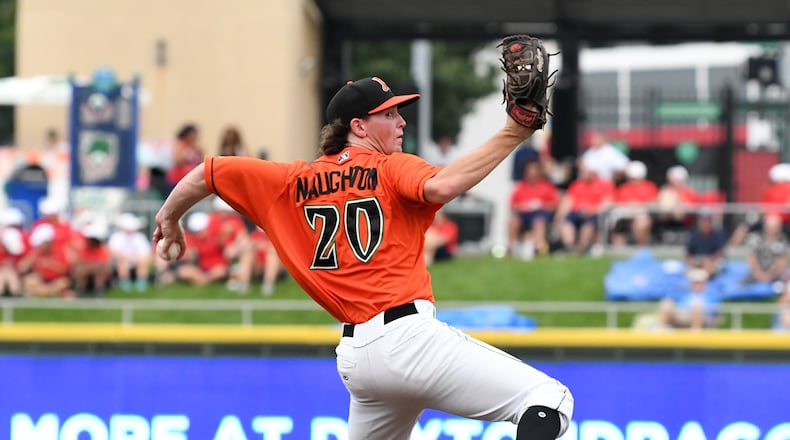 Dayton’s Packy Naughton fires a pitch plateward against Lake County on Friday, Aug. 17, 2018, at Fifth Third Field. Nick Falzerano/CONTRIBUTED