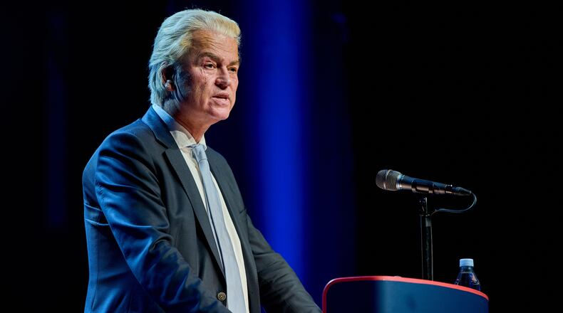 Dutch politician Geert Wilders speaks at the Danish People's Party annual meeting, in Tinghallen, Viborg, Denmark, Saturday, Sept. 27, 2025. (Mikkel Berg Pedersen/Ritzau Scanpix via AP)