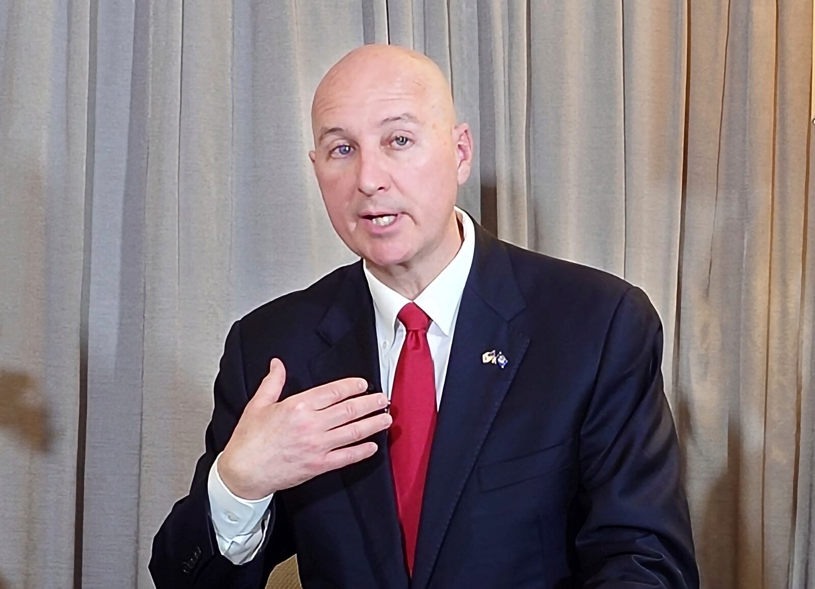 U.S. Senator Pete Ricketts is interviewed by the Associated Press in Taipei, Taiwan, Thursday, April 17, 2025. (AP Photo/Chiang Ying-ying)