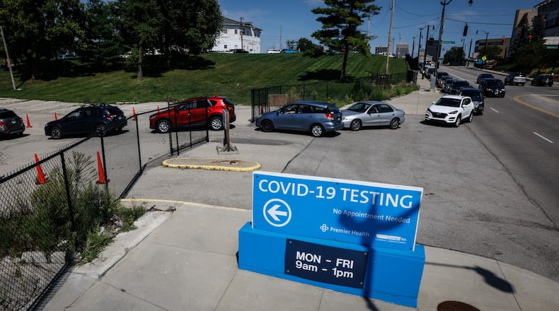 Long lines for COVID-19 testing appeared on Main St. Friday September 3, 2021 at the Premier Health testing area former Montgomery County Fairgrounds. JIM NOELKER/STAFF