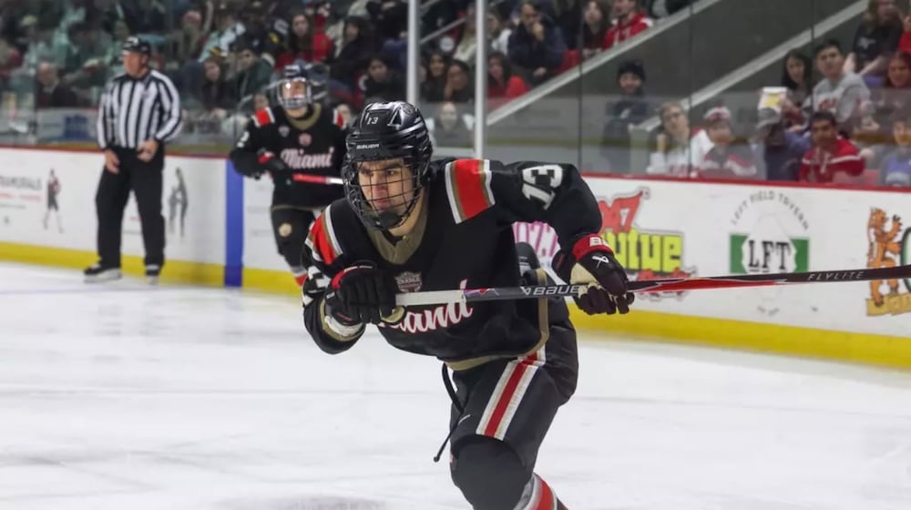 Miami’s Kocha Delic skates up the ice during his game against Western Michigan on Saturday, Feb. 7, 2026 at Goggin Ice Center. LEXIE CUNNINGHAM / MIAMI ATHLETICS