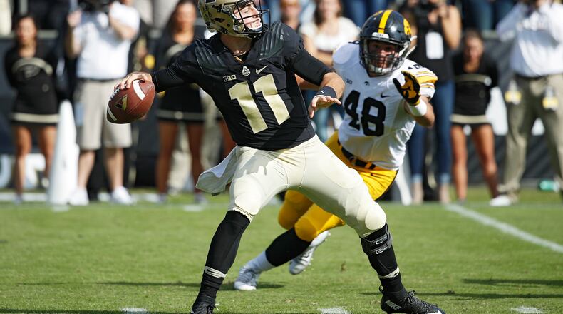 WEST LAFAYETTE, IN - OCTOBER 15: David Blough #11 of the Purdue Boilermakers passes against the Iowa Hawkeyes in the second half of the game at Ross-Ade Stadium on October 15, 2016 in West Lafayette, Indiana. (Photo by Joe Robbins/Getty Images)