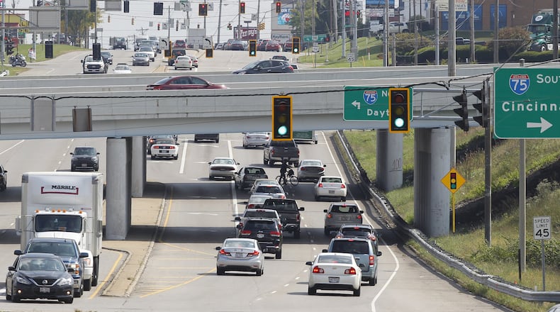 A new traffic lane design for the State Route 725 and I-75 interchange has been revealed by ODOT that could improve safety and allow for easier pedestrian and bicycle traffic in one of the busiest areas of the county. This view is looking east on SR 725 with the I-75 bridge. TY GREENLEES / STAFF