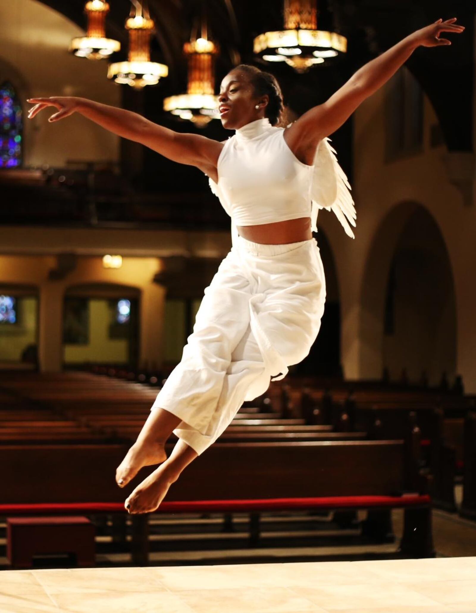 Countess Winfrey soars through the air in DCDC's presentation of "The Littlest Angel," which will take place Dec. 14 at the University of Dayton. PHOTO BY MICHAEL GREEN