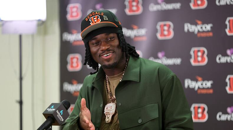 FILE - Texas A&M's Shemar Stewart, the Cincinnati Bengals first round draft pick, 17th overall, speaks to members of the media during an NFL football news conference at Paycor Stadium, April 25, 2025, in Cincinnati, Ohio. (AP Photo/Joe Maiorana, file)