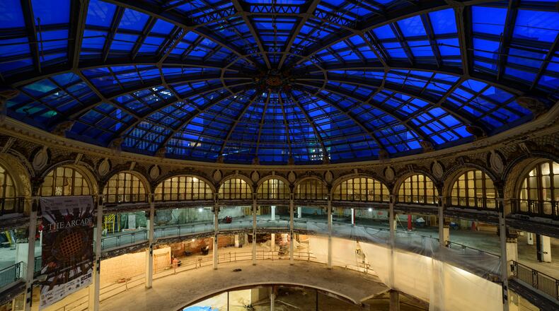 Construction continues on The Dayton Arcade redevelopment project in downtown Dayton by Cross Street Partners, The Model Group & McCormack Baron Salazar. Recent updates include concrete pouring of 'The Tank', an in the round theater on the basement level underneath the rotunda, a new roof on the Rotunda Building and the beginning of residential build outs in the Ludlow Building for The Arts Lofts at the Dayton Arcade. TOM GILLIAM / CONTRIBUTING PHOTOGRAPHER