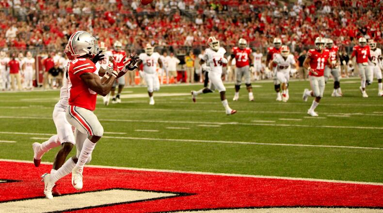 Ohio State’s Terry McLaurin catches a touchdown in the fourth quarter against Indiana on Saturday, Oct. 6, 2018, at Ohio Stadium in Columbus. David Jablonski/Staff