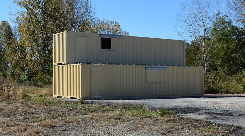 The National Center for Medical Readiness received delivery of a Conex “hotel” Oct. 23, which includes three 12,000-pound structures to be incorporated with future training and testing events taking place at the tactical training facility. (U.S. Air Force photo/Lori Hughes)