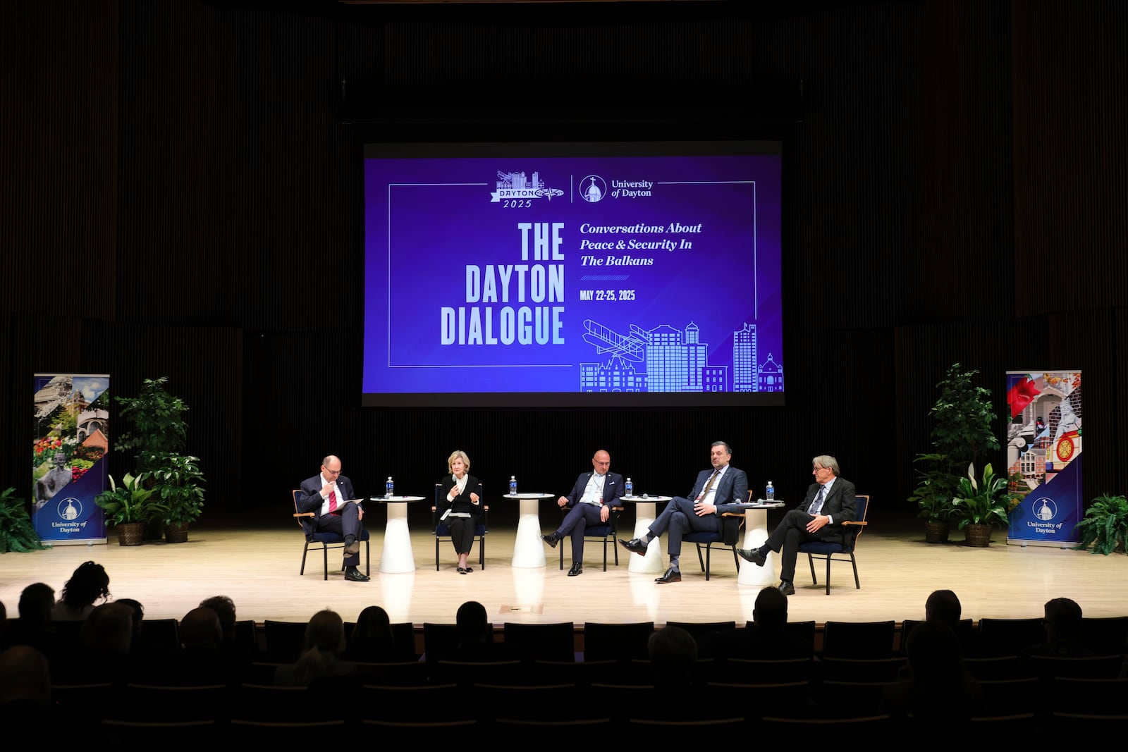 Former U.S. Ambassador to NATO and U.S. Senator Kay Bailey Hutchison, second from right, speaks during a panel discussion with High Representative for Bosnia and Herzegovina Christian Schmidt, left, Minister of Foreign and European Affairs of Croatia Dr. Gordan Grlic-Radman, Minister of Foreign Affairs of Bosnia and Herzegovina Elmedin Konakovic and former U.S. Ambassador to Croatia Peter Galbraith as part of the NATO Parliamentary Assembly in Dayton, Ohio, on Friday, May 23, 2025. (AP Photo/Paul Vernon)