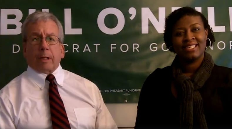 Democratic gubernatorial candidate Bill O’Neill, left, introduces his running mate, Chantelle E. Lewis, an elementary school principal in Lorain County.(Facebook)
