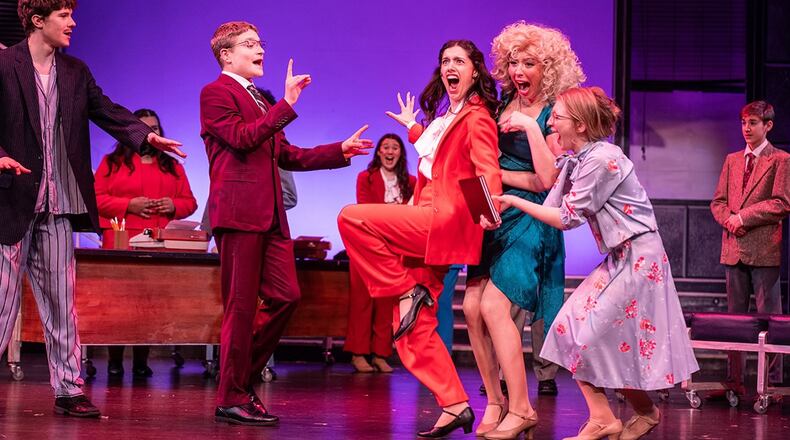 Left to right: Jack Wyant (Franklin Hart, Jr.), Connor Czapor (Tinsworthy), Maggie Weckesser (Violet Newstead), Lucy Dennis (Doralee Rhodes), Addison Haines (Judy Bernly) and the cast of Muse Machine's production of "9 to 5: The Musical." FACEBOOK PHOTO