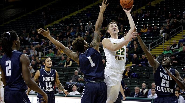 Wright State’s Parker Ernsthausen puts up a shot Sunday against North Florida at the Nutter Center. Tim Zechar / Contributed photo