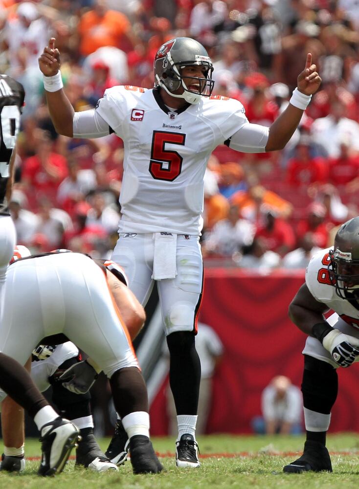 Buccaneers quarterback Josh Freeman (5) calls out a play during the first half. He is the highest quarterback selected by the Bucs since Trent Dilfer in the first round (sixth overall) of the 1994 NFL Draft.