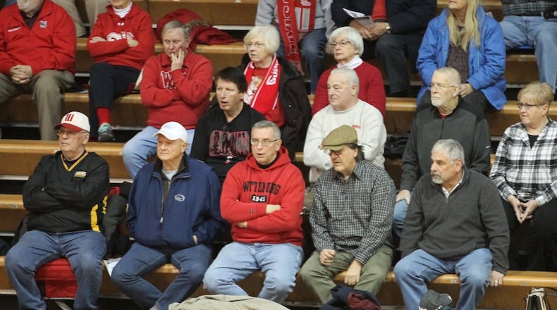 Wittenberg fans watch a men’s basketball game against Wabash on Wednesday, Feb. 13, 2019, at Pam Evans Smith Arena in Springfield. David Jablonski/Staff
