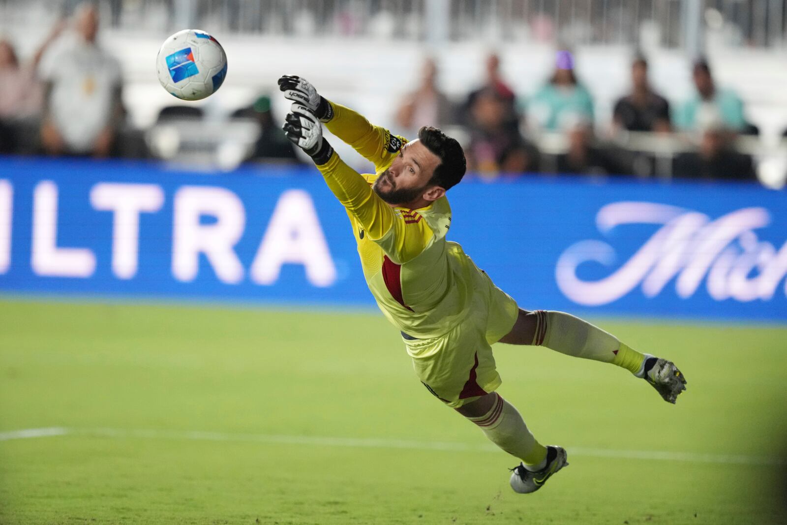 Los Angeles FC goalkeeper Hugo Lloris (1) makes a save against the Inter Miami during the first half of a CONCACAF Nations League Quarterfinal Match at Chase Stadium, Wednesday, April 9, 2025 in Fort Lauderdale, Fla. (AP Photo/Jim Rassol)
