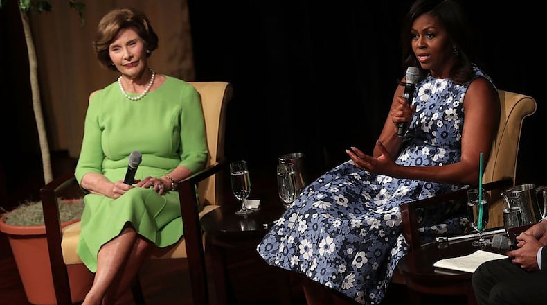 FILE PHOTO: Former first ladies Laura Bush and Michelle Obama joined together, albeit from their own separate houses, to share a message of hope as part of the Global Citizen concert. (Alex Wong/Getty Images