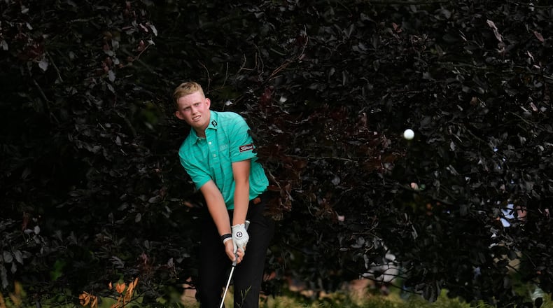 Maxwell Moldovan hits on the fifth hole during the second round of the U.S. Open golf tournament at The Country Club, Friday, June 17, 2022, in Brookline, Mass. (AP Photo/Julio Cortez)