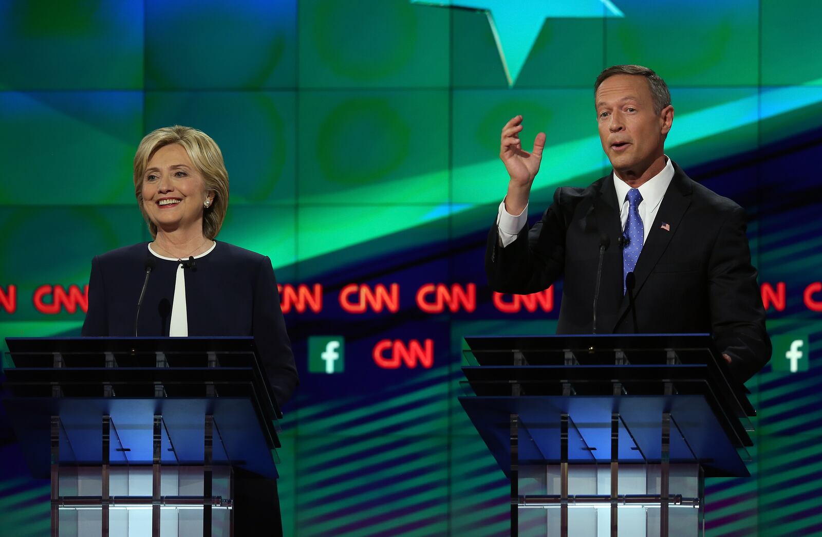 LAS VEGAS, NV - OCTOBER 13: Democratic presidential candidates Hillary Clinton (L) and Martin O'Malley take part in a presidential debate sponsored by CNN and Facebook at Wynn Las Vegas on October 13, 2015 in Las Vegas, Nevada. Five Democratic presidential candidates are participating in the party's first presidential debate. (Photo by Joe Raedle/Getty Images)