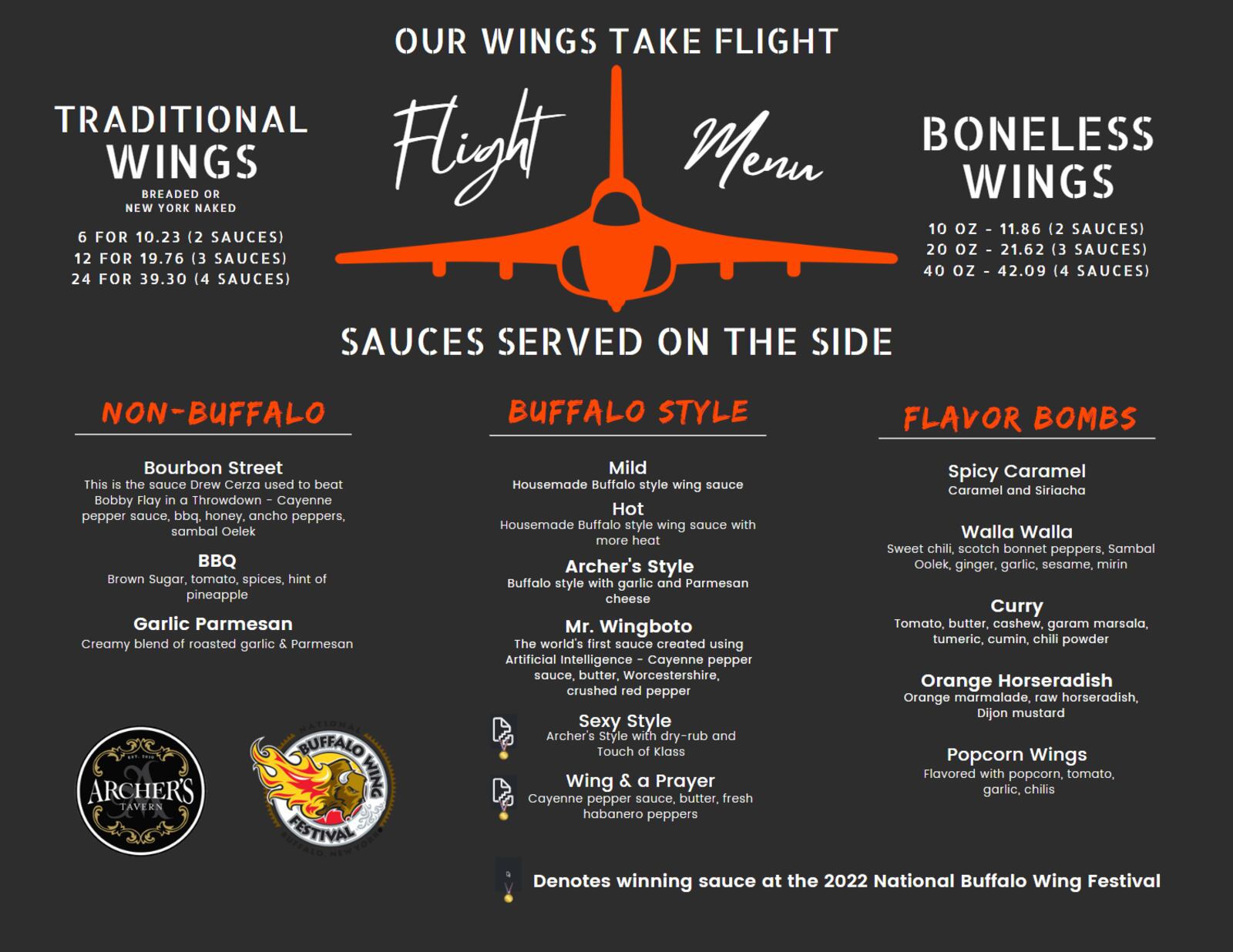 The owners of Archer’s Tavern in Centerville and Kettering and Stone House Tavern in Waynesville are adding wing flights to their menus, in addition to five new sauces (CONTRIBUTED PHOTO).